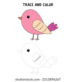 Bird coloring pages for kids. Trace and color bird. Coloring page outline of cute bird. Bird tracing worksheet printable. Cartoon animal drawing. Kindergarten and preschool activity.