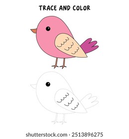Bird coloring pages for kids. Trace and color bird. Coloring page outline of cute bird. Bird tracing worksheet printable. Cartoon animal drawing. Kindergarten and preschool activity.