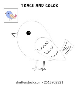 Bird coloring pages for kids. Trace and color bird. Coloring page outline of cute bird. Bird tracing worksheet printable. Cartoon animal drawing. Kindergarten and preschool activity.