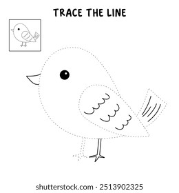 Bird coloring pages for kids. Trace and color bird. Coloring page outline of cute bird. Bird tracing worksheet printable. Cartoon animal drawing. Kindergarten and preschool activity.