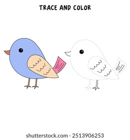 Bird coloring pages for kids. Trace and color bird. Coloring page outline of cute bird. Bird tracing worksheet printable. Cartoon animal drawing. Kindergarten and preschool activity.