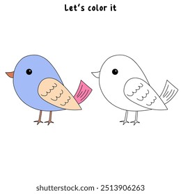 Bird coloring pages for kids. Trace and color bird. Coloring page outline of cute bird. Bird tracing worksheet printable. Cartoon animal drawing. Kindergarten and preschool activity.
