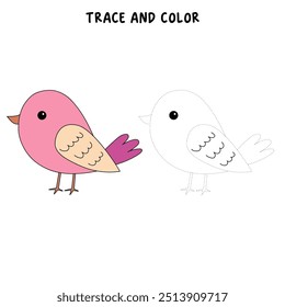 Bird coloring pages for kids. Trace and color bird. Coloring page outline of cute bird. Bird tracing worksheet printable. Cartoon animal drawing. Kindergarten and preschool activity.