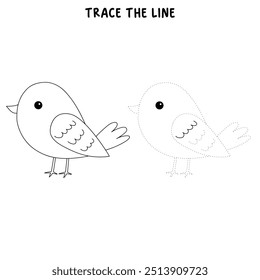 Bird coloring pages for kids. Trace and color bird. Coloring page outline of cute bird. Bird tracing worksheet printable. Cartoon animal drawing. Kindergarten and preschool activity.