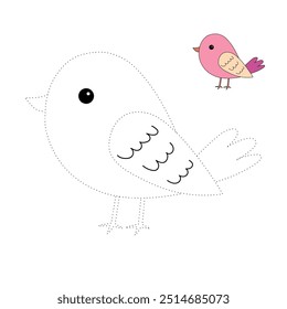 Bird coloring pages for kids. Trace and color bird. Coloring page outline of cute bird. Thanksgiving turkey tracing worksheet printable. Kindergarten and preschool activity.