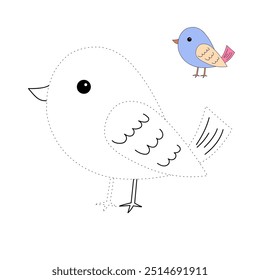 Bird coloring pages for kids. Trace and color bird. Coloring page outline of cute bird. Bird tracing worksheet printable. Cartoon animal drawing. Kindergarten and preschool activity.