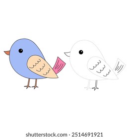 Bird coloring pages for kids. Trace and color bird. Coloring page outline of cute bird. Bird tracing worksheet printable. Cartoon animal drawing. Kindergarten and preschool activity.