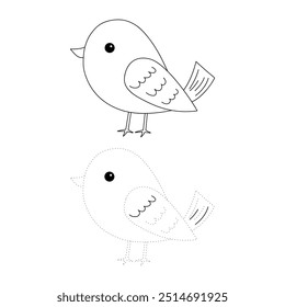 Bird coloring pages for kids. Trace and color bird. Coloring page outline of cute bird. Bird tracing worksheet printable. Cartoon animal drawing. Kindergarten and preschool activity.