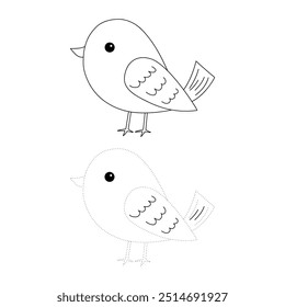Bird coloring pages for kids. Trace and color bird. Coloring page outline of cute bird. Bird tracing worksheet printable. Cartoon animal drawing. Kindergarten and preschool activity.