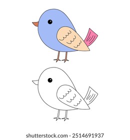 Bird coloring pages for kids. Trace and color bird. Coloring page outline of cute bird. Bird tracing worksheet printable. Cartoon animal drawing. Kindergarten and preschool activity.