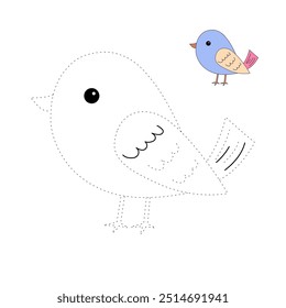 Bird coloring pages for kids. Trace and color bird. Coloring page outline of cute bird. Bird tracing worksheet printable. Cartoon animal drawing. Kindergarten and preschool activity.