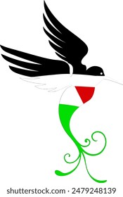 A bird with the colors of the Palestinian flag flying free ، Palestine , free Palestine. Palestine Flag State Illustration Background Vector Design with Arabic Calligraphy