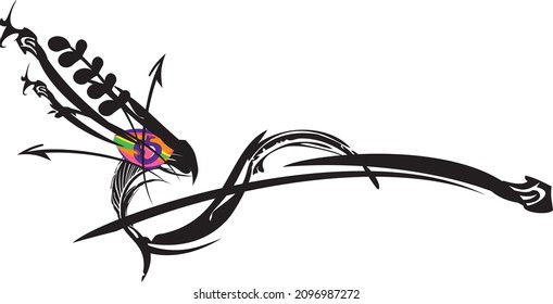 Bird concept with colored huge eye on a white backdrop for your design. A symbol of a bird like Phoenix in the form of a wave with floral motif, arrows, feather element for business concepts or logos