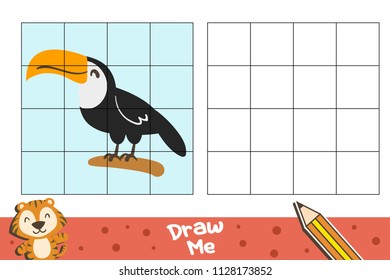 Bird Copy the picture.  Cartoon vector illustration. Coloring book. Educational game for children.