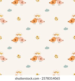 Bird couple cartoon so cute. On heart flower cloud background. Pattern seamless vector illustration. 