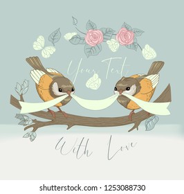Bird Couple Cute Card with Vintage Flower. Beautiful Happy Birthday Greeting Circular Banner. Vector Party Invitation Cartoon Illustration