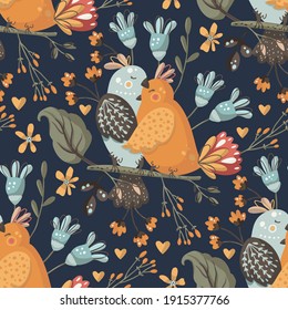 Pareja de aves y patrón vectorial sin costura de flores. Papel pintado de dibujos animados de dibujos animados con motivos florales en azul.