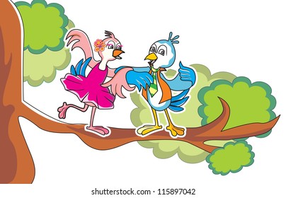 Bird couple in-love, dancing on a tree branch, vector illustration