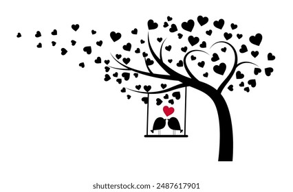 Pareja de pájaros bajo el árbol de amor con hojas de corazón, árbol de San Valentín, amor, hoja de corazones