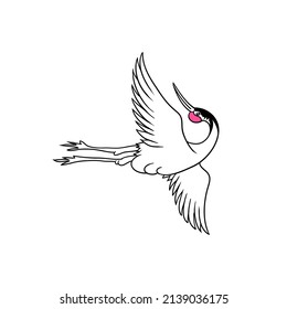 Bird crane flying, asian japanese illustration pen drawing line sketch.
