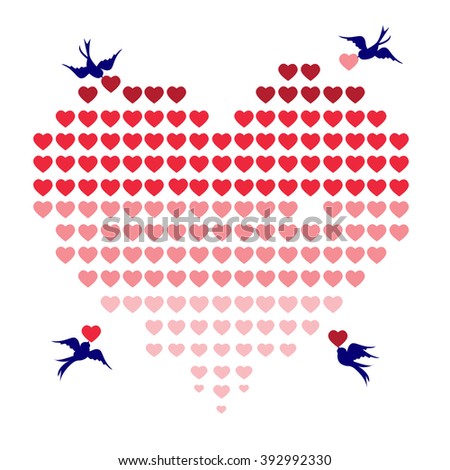bird create big heart by small heart isolated on the white background.romantic design scene, group of birds build heart.