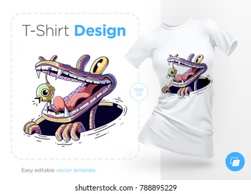 Bird in crocodile mouth. Prints on T-shirts, sweatshirts, cases for mobile phones, souvenirs. Isolated vector illustration on white background.