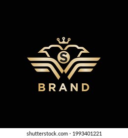 Bird and crown concept logo premium design in gold color