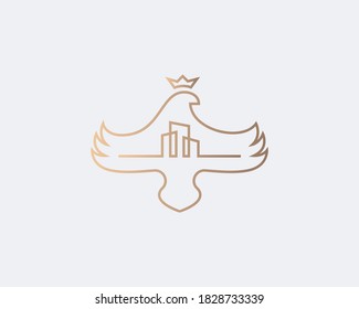 Bird crown linear logo icon design minimal style illustration. Premium real estate, construction, private property emblem sign symbol logotype.