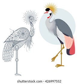 Bird Crowned crane. Flat icon and template for adult coloring, zen tangle. Set of vector animals in different unusual style. Illustration collection of nature objects isolated on white background.