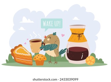 Bird with cup of coffee good morning wake up concept. Vector cartoon graphic design element illustration