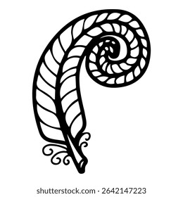 Bird curled feather. Hand drawn doodle vector. Plumage. Animal fluff. Ostrich wing. Natural clothing accessory decoration. Illustration line art element.