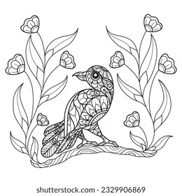 Bird and cute flowers hand drawn for adult coloring book