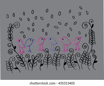 Bird cute in the garden. Hand drawing illustration