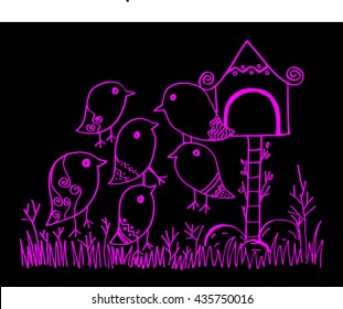 Bird cute in the garden. Hand drawing illustration