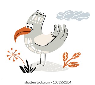 Bird cute print. Cool animal illustration for t-shirt print, kids apparel, nursery, child party invitation. Simple scandinavian design landscape with grass, flower and cloud. Summer time