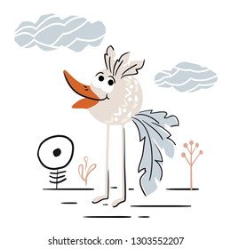 Bird cute print. Cool animal illustration for t-shirt print, kids apparel, nursery, child party invitation. Simple scandinavian design landscape with grass, flower and cloud. Summer time