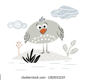 Bird cute print. Cool animal illustration for t-shirt print, kids apparel, nursery, child party invitation. Simple scandinavian design landscape with grass, flower and cloud. Summer time