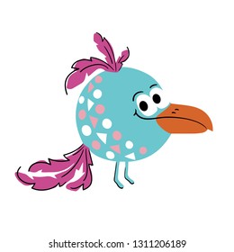 Bird cute print. Cool animal illustration for t-shirt print, kids apparel, nursery, child party invitation. Simple scandinavian design landscepe with grass, flower and cloud. Summer time