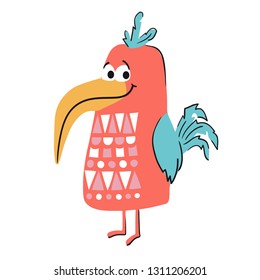 Bird cute print. Cool animal illustration for t-shirt print, kids apparel, nursery, child party invitation. Simple scandinavian design landscepe with grass, flower and cloud. Summer time
