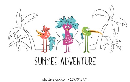 Bird cute print. Summer adventure slogan. Cool animal illustration for t-shirt, kids apparel, nursery, child party invitation. Simple design. Line landscepe with palm tree and sea sunset. Summer time