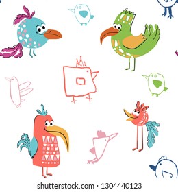 Bird cute seamless pattern with child drawing elements. Stylized cool animal illustration for t-shirt print, kids apparel nursery, child party invitation. Simple scandinavian design. Summer time print