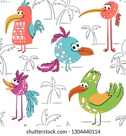 Bird cute seamless pattern. Cool animal illustration for t-shirt, kids apparel, nursery, child party invitation. Simple design. Line landscape with palm tree. Summer time print