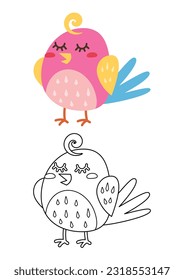 Bird cute vector illustration cartoon isolated on white background. Bird vector colored and colorless. Cute coloring page for kids. 