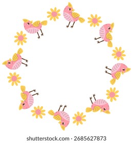 Bird y Daisy Circle Frame. Lindo borde redondo dibujado a mano con coloridos pájaros cantores y flores de manzanilla. Ilustración vectorial plana para el diseño de primavera y verano