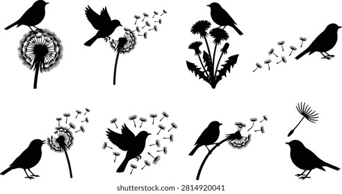 Bird and dandelion silhouette designs with seed dispersal motifs
