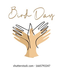 Bird Day Vector Illustration. Two Hands Are Folded In The Shape Of A Bird. Outline