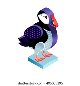 Bird deadlock. Illustration isometric icon. The vector image of the animal puffin in the original unusual style isolated on white background.