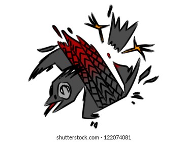 Bird death / Bird dead under auto's tire, look grip on blood. Lines are made with rough effect, like draw make by a simple ball pen.