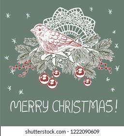 bird decor ball tree christmas blue pink traditional vector card