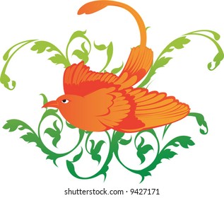  a bird with decorated leaves	